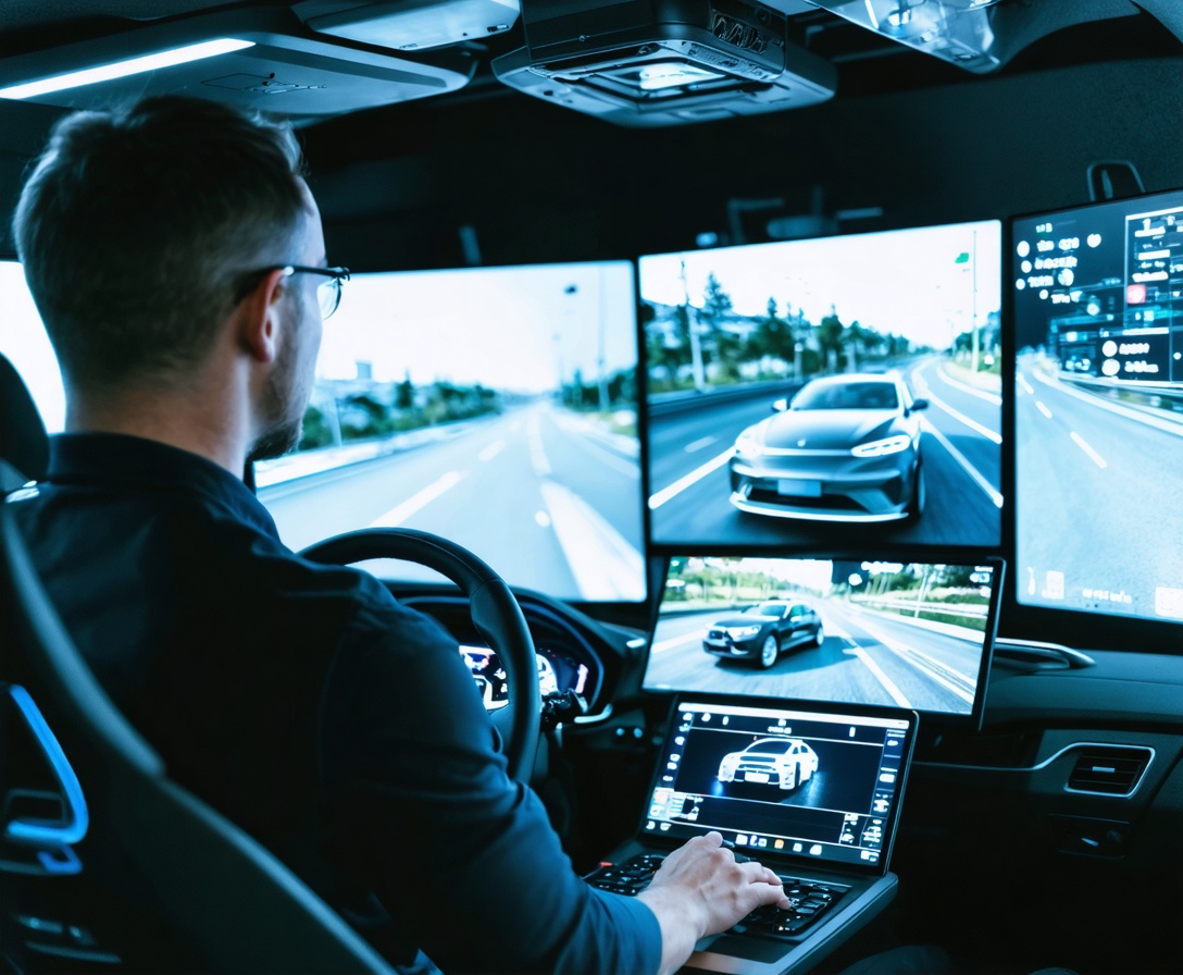 Ingenieur nutzt einen High-End-Fahrsimulator für das Training von KI-Algorithmen im autonomen Fahren