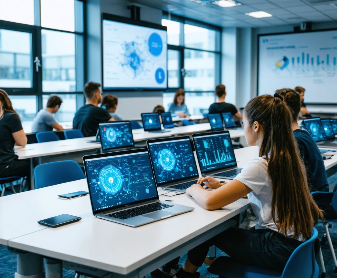 Moderner Unterrichtsraum mit Studenten an High-Performance-Laptops während einer KI-Schulung