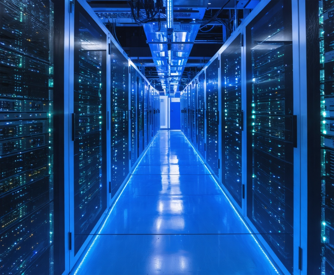 Konzeptionelles Bild eines sicheren Serverraums mit blauen LED-Lichtern
