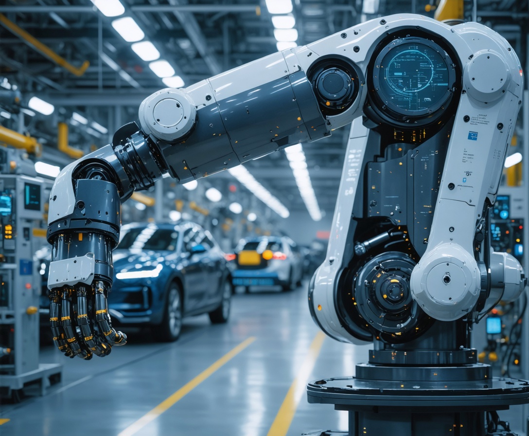 Nahaufnahme eines hochmodernen Roboterarms in einer deutschen Automobilfertigung während eines KI-gesteuerten Prozesses