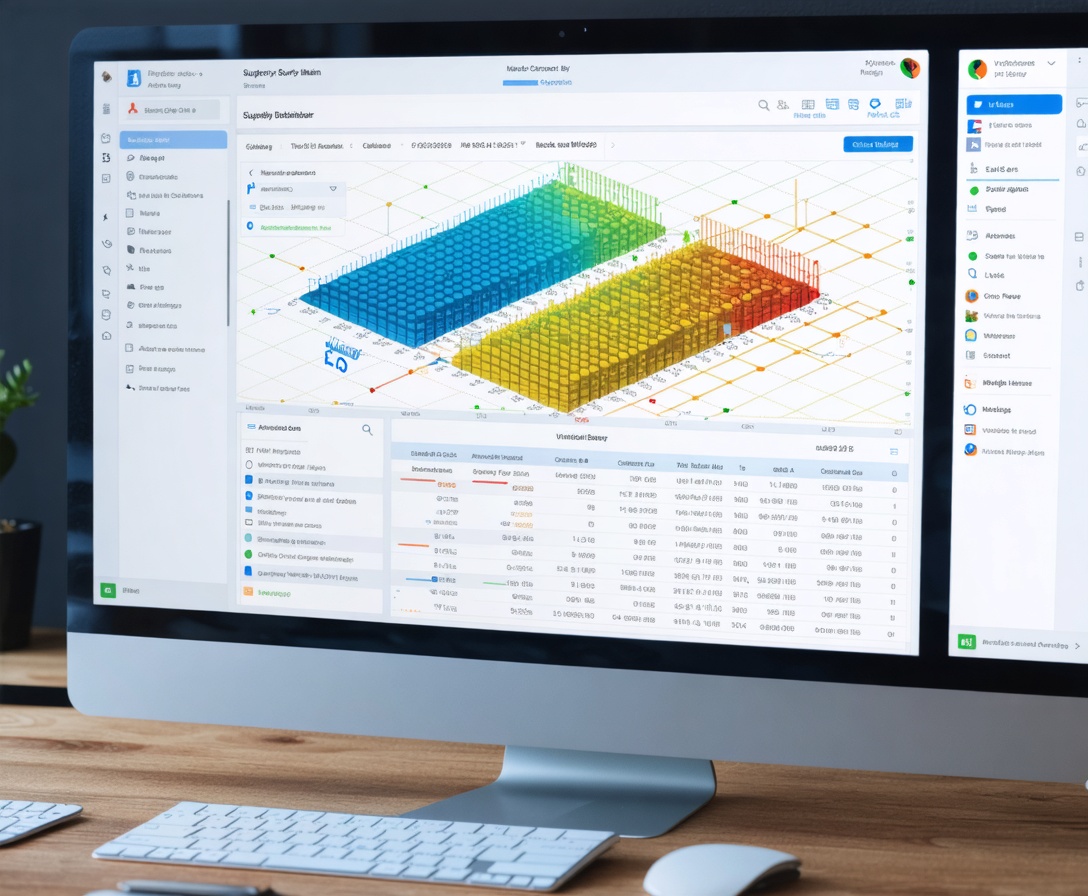 Supply Chain Optimierungs-Dashboard auf einem hochauflösenden Monitor in einem Logistikzentrum