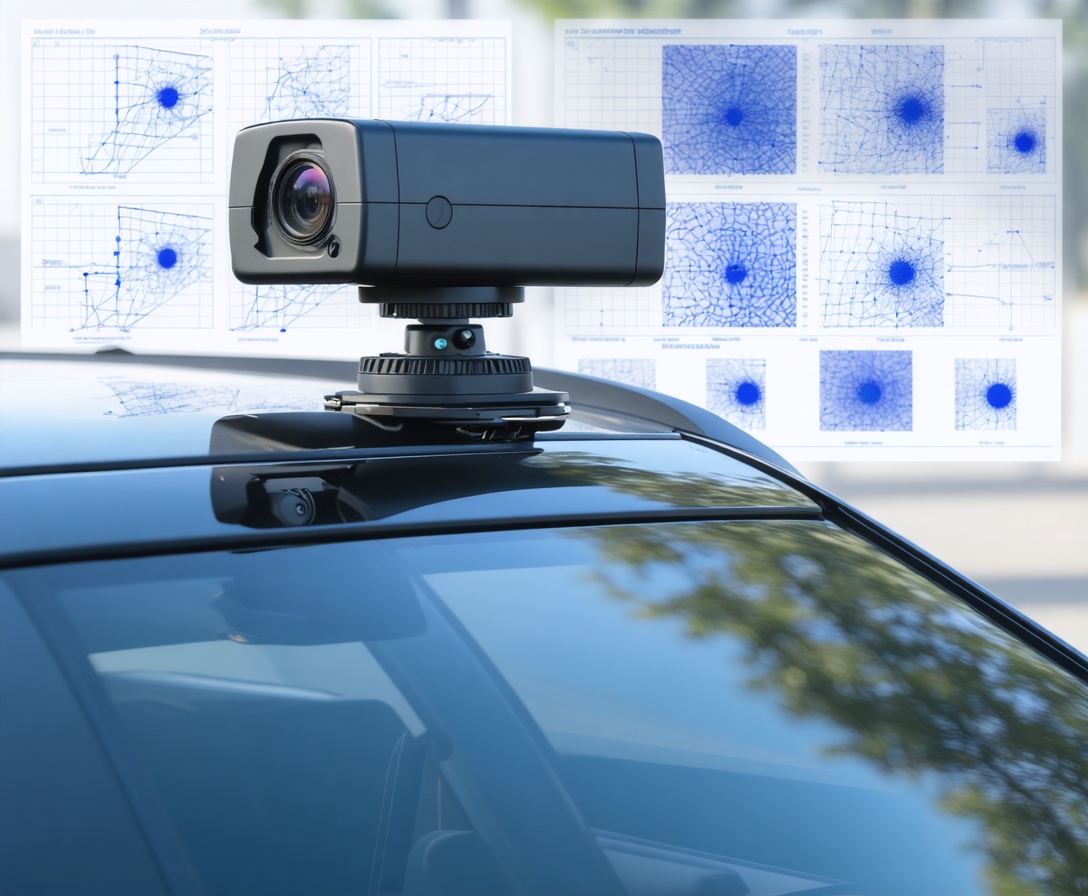 Nahaufnahme eines LiDAR-Sensors auf einem modernen Autodach mit Punktwolken-Visualisierung