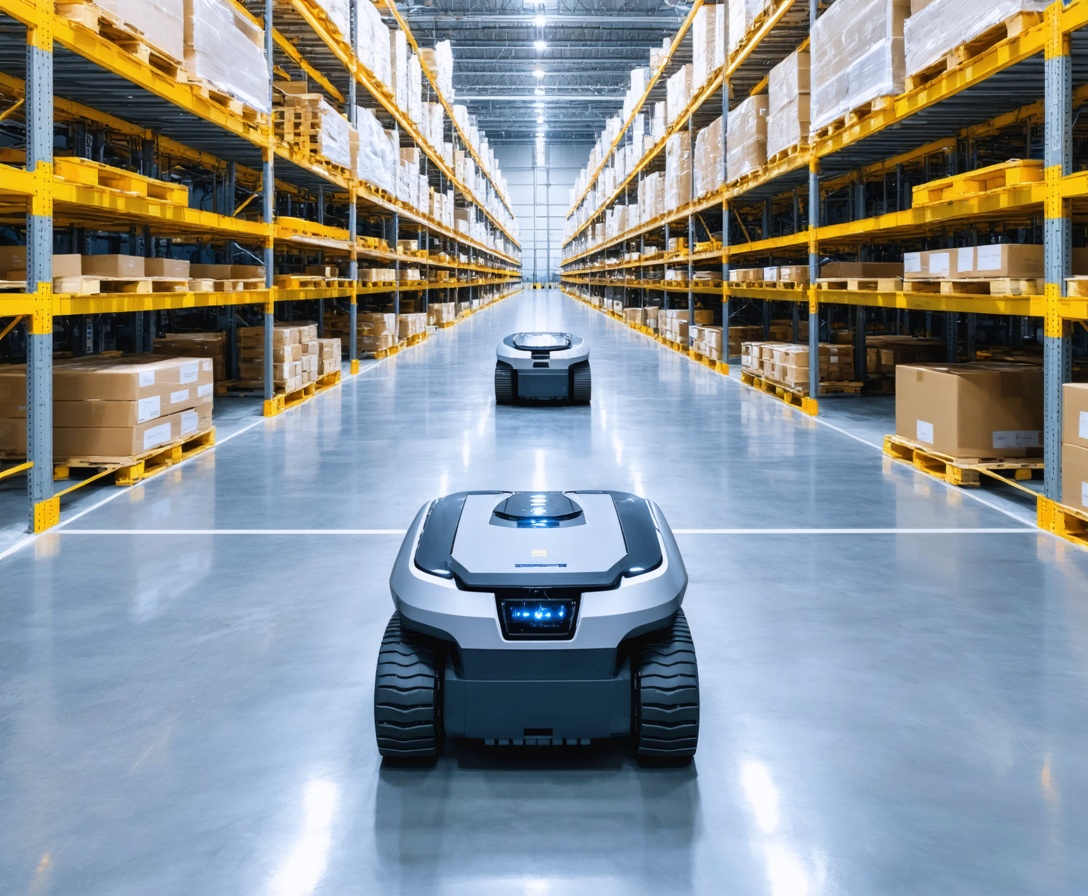 Weitwinkelaufnahme eines hochautomatisierten Logistikzentrums mit autonomen Robotern