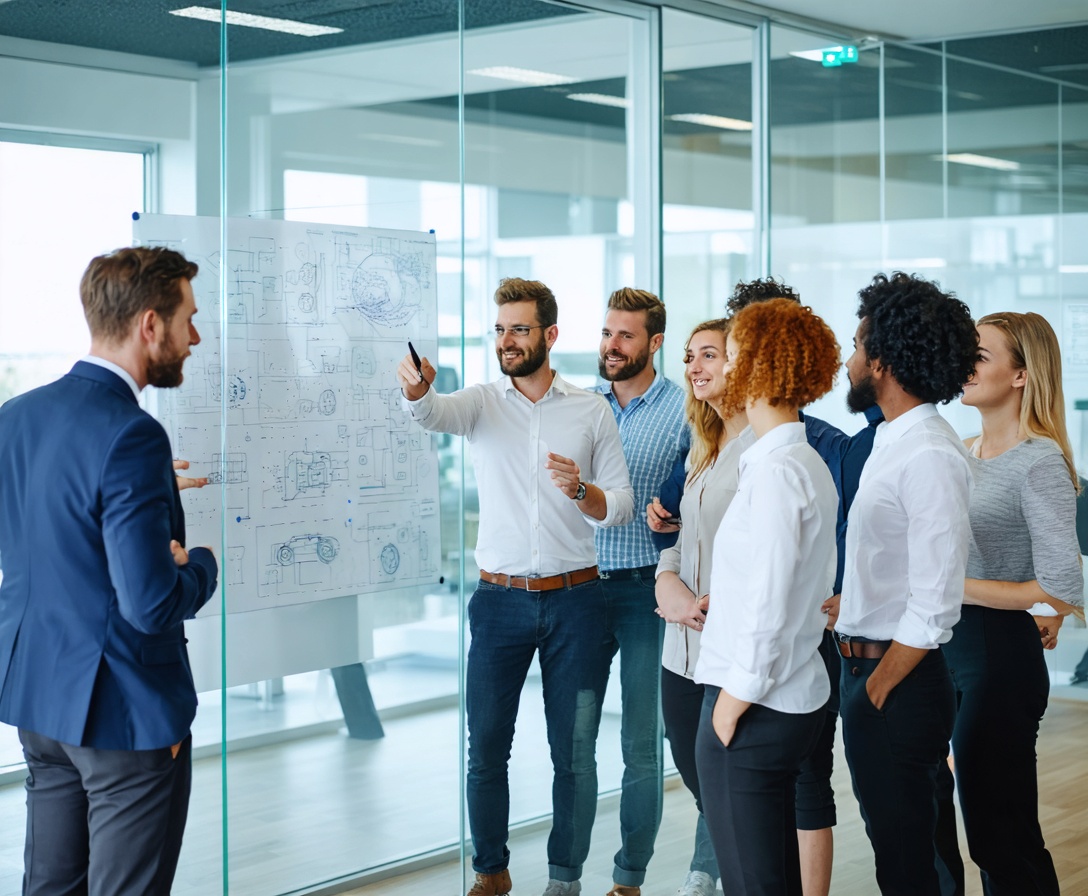 Team von Ingenieuren der IndustrieKI Akademie bei einem fachlichen Austausch in einem modernen Büro in Stuttgart